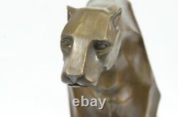 Art Déco Statue Bronze Panther Monté sur Un Noir Marbre Base H. Moore Decorativ