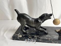 Art déco, sculpture composition garçon et chien socle marbre vers 1930