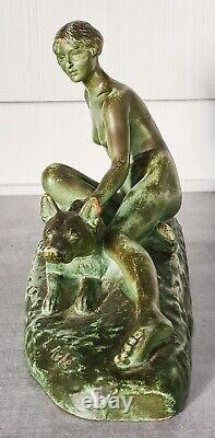 Art déco sculpture statue Femme nue chien berger allemand L Riché décoration