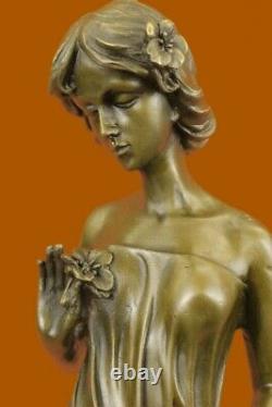 Auguste Moreau Fille Fleur Bronze Sculpture Art Déco Marbre Base Figurine Cadeau