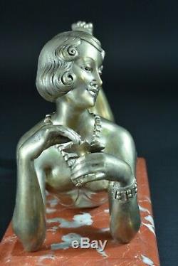 Bronze Ancien Art deco portrait jeune femme élégante cabaret dévêtu H. Molins