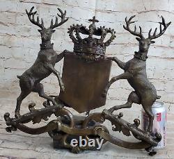 Bronze Sculpture Signée Original Ouvre Art Déco Cerf Royal Crest Sculpture Gif