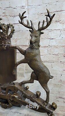 Bronze Sculpture Signée Original Ouvre Art Déco Cerf Royal Crest Sculpture Gif