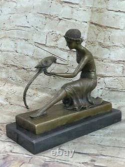Bronze Style Art Nouveau Deco Sculpture Fille Pirate Avec / Perroquet Danseur