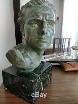 Buste de Jean Mermoz Aviateur régule patiné vert bronze socle en marbre Art Déco