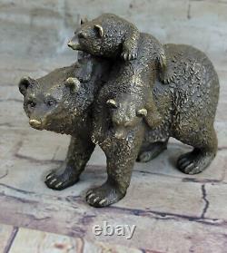 Deux Jeune Bébés Sur Dos Mère Ours Bronze Sculpture Statue Figurine Art Déco N°