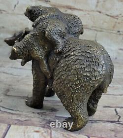 Deux Jeune Bébés Sur Dos Mère Ours Bronze Sculpture Statue Figurine Art Déco N°