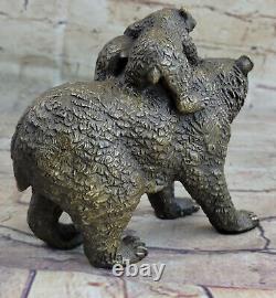 Deux Jeune Bébés Sur Dos Mère Ours Bronze Sculpture Statue Figurine Art Déco N°