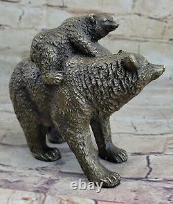 Deux Jeune Bébés Sur Dos Mère Ours Bronze Sculpture Statue Figurine Art Déco N°