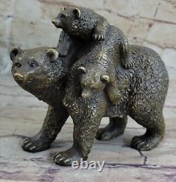 Deux Jeune Bébés Sur Dos Mère Ours Bronze Sculpture Statue Figurine Art Déco N°