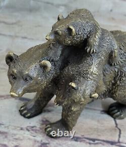 Deux Jeune Bébés Sur Dos Mère Ours Bronze Sculpture Statue Figurine Art Déco N°