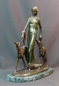 E 1930 Otto POERTZEL femme aux barzoïs art déco statue sculpture bronze 9,5kg40c