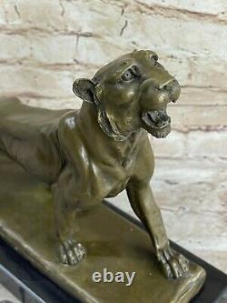 Fait Bronze Sculpture Solde Marbre Deco Art Lion Femelle Lecourtier Signée
