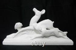 French Sculpture ODYV Ceramic Art Deco Statue Crackle Glaze DEER & DOGS c1930