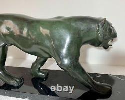 Grand sculpture en bronze Art Deco Jaguar marchant panthère statue signée
