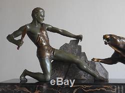 Grande Ancienne Sculpture Statue Art Deco en Bronze Panthere Athlete BRAULT