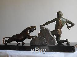 Grande Ancienne Sculpture Statue Art Deco en Bronze Panthere Athlete BRAULT