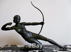Grande Statue sculpture Art Déco BRONZE Femme à l'arc signée S. MELANI 1925
