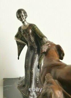 Grande sculpture bronze Art Deco 1925/30 femme aux lévriers barzoï signé Grisard