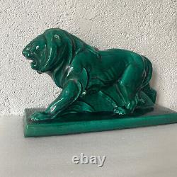 Grande sculpture lion LEJAN LE JAN 1930 en ceramique ancien art deco 45 CM