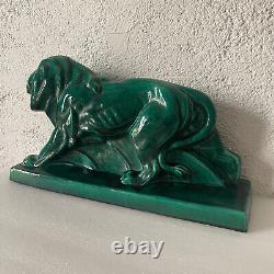 Grande sculpture lion LEJAN LE JAN 1930 en ceramique ancien art deco 45 CM