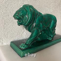 Grande sculpture lion LEJAN LE JAN 1930 en ceramique ancien art deco 45 CM