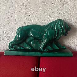 Grande sculpture lion LEJAN LE JAN 1930 en ceramique ancien art deco 45 CM