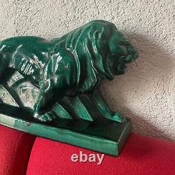 Grande sculpture lion LEJAN LE JAN 1930 en ceramique ancien art deco 45 CM