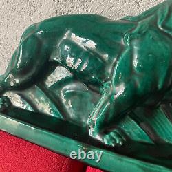 Grande sculpture lion LEJAN LE JAN 1930 en ceramique ancien art deco 45 CM