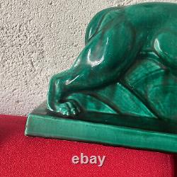 Grande sculpture lion LEJAN LE JAN 1930 en ceramique ancien art deco 45 CM