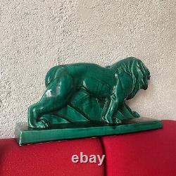 Grande sculpture lion LEJAN LE JAN 1930 en ceramique ancien art deco 45 CM