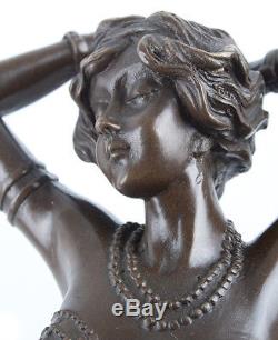 Hot Cast Bronze Art Deco Sculpture Lady On Marble Base REVEIL Signed Philips