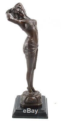 Hot Cast Bronze Art Deco Sculpture Lady On Marble Base REVEIL Signed Philips