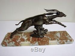 Limousin Ancienne Statue Sculpture En Régule Art Deco Gazelle Au Saut
