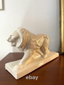 Lion Sur Socle Art déco Céramique Craquelée Signé Nagel Faïence Saint Germain