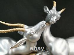 Louis Carvin Sublime Sculpture Art Deco Deux Gazelles Signee Fonte D'art Statue