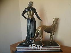 MENNEVILLE Grande statue sculpture chryselephantine Art deco Femme levrier