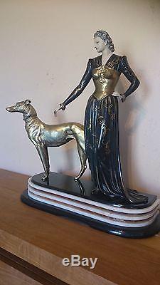 MENNEVILLE Grande statue sculpture chryselephantine Art deco Femme levrier