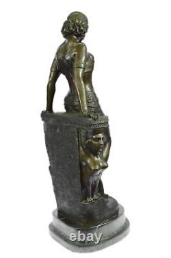Marron Patine Milo Égyptien Princesse Bronze Marbre Base Sculpture Art Déco