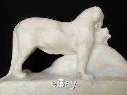 Maximilien Fiot (1886-1953) Rare Sculpture De Pantheres En Pierre Sculptee