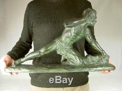 Melani Guetteur Spl. Statue Art Deco Terre Cuite Pat. Bronze Homme Nu Sculpture
