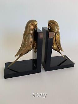 Paire De Serre Livres Louis Albert Carvin Perruches Bronze Art Deco E671