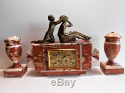 Pendule Art Deco Sculpture Femme & Enfant / Art Deco Marble Clock- Uhr Orologio