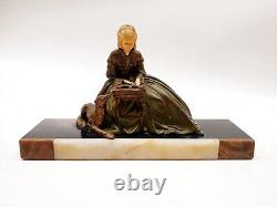 R. Miandres (XIX-XXe) Sculpture Art Déco régule Liseuseet Son Chien
