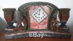 Rare! Horloge Sculpture Art Deco Limousin Antique Clock Statue Muller Pendule