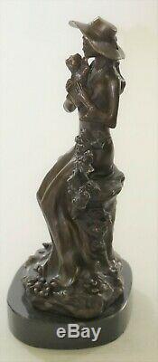 Rare Signé Lady W / Chien Bronze Statue Figurine Art Déco Sculpture Décor