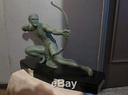 S Melani Superbe Statue Sculpture Art Deco Archer Patine Vert Antico Signee