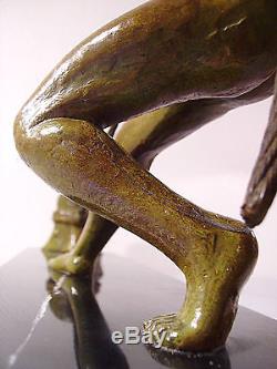 Sculpture Statue Art Deco Salvator Riolo Athlete En Fonte D'art Et Marbre