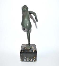 Sculpture Art Déco MAX LE VERRIER Danseuse nu disque cymbale signé Derenne 1930