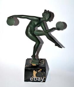 Sculpture Art Déco MAX LE VERRIER Danseuse nu disque cymbale signé Derenne 1930